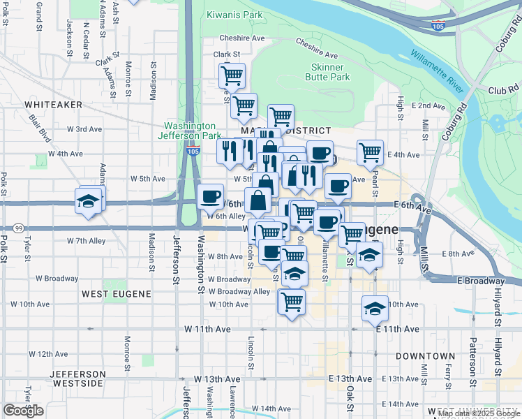 map of restaurants, bars, coffee shops, grocery stores, and more near 211 West 6th Avenue in Eugene