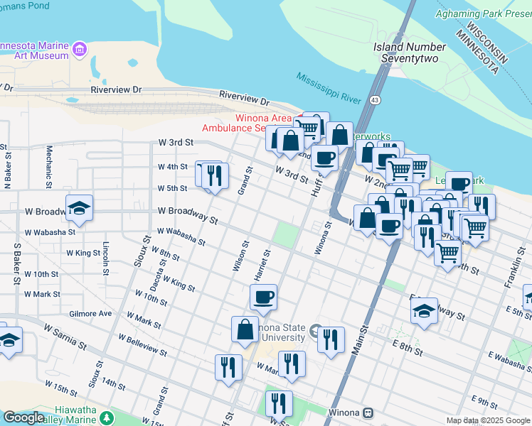 map of restaurants, bars, coffee shops, grocery stores, and more near 217 Wilson Street in Winona