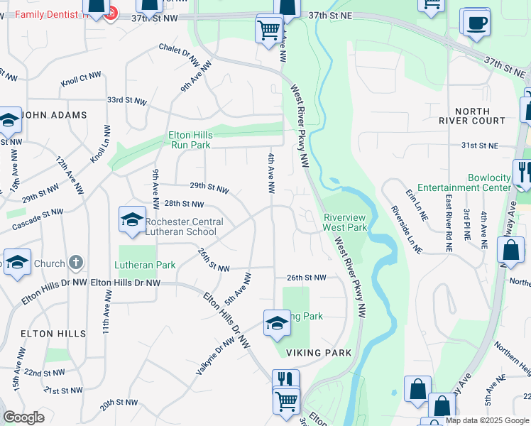 map of restaurants, bars, coffee shops, grocery stores, and more near 515 29th Street Northwest in Rochester