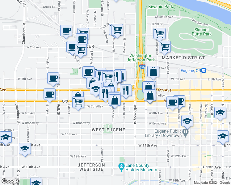 map of restaurants, bars, coffee shops, grocery stores, and more near 780 West 6th Avenue in Eugene