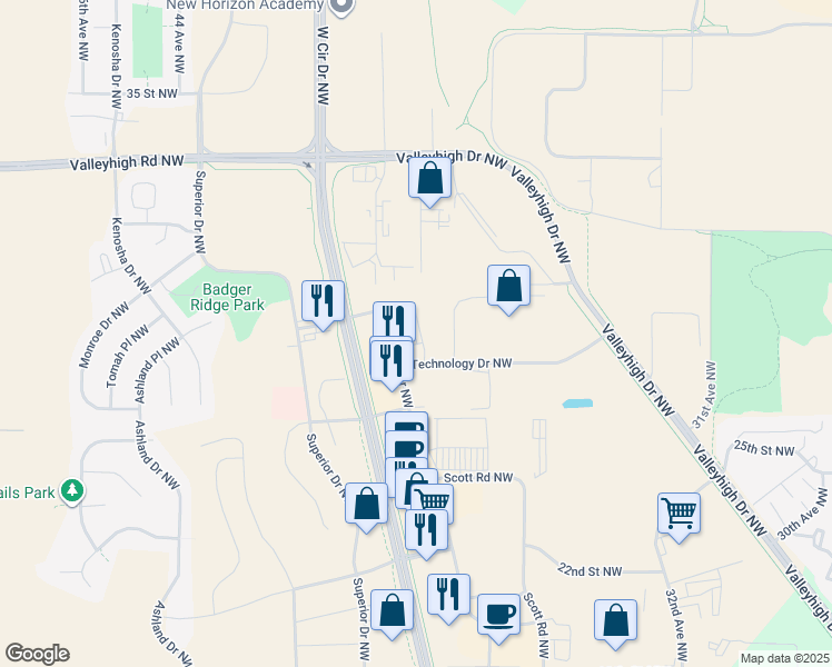 map of restaurants, bars, coffee shops, grocery stores, and more near 2712 Commerce Drive Northwest in Rochester