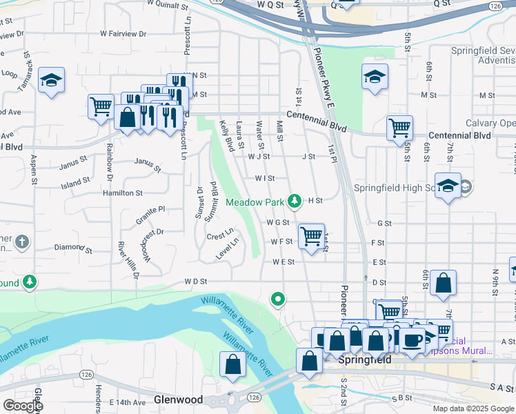 map of restaurants, bars, coffee shops, grocery stores, and more near 849 Kelly Boulevard in Springfield