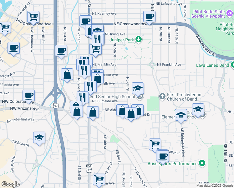 map of restaurants, bars, coffee shops, grocery stores, and more near 242 Northeast 5th Street in Bend