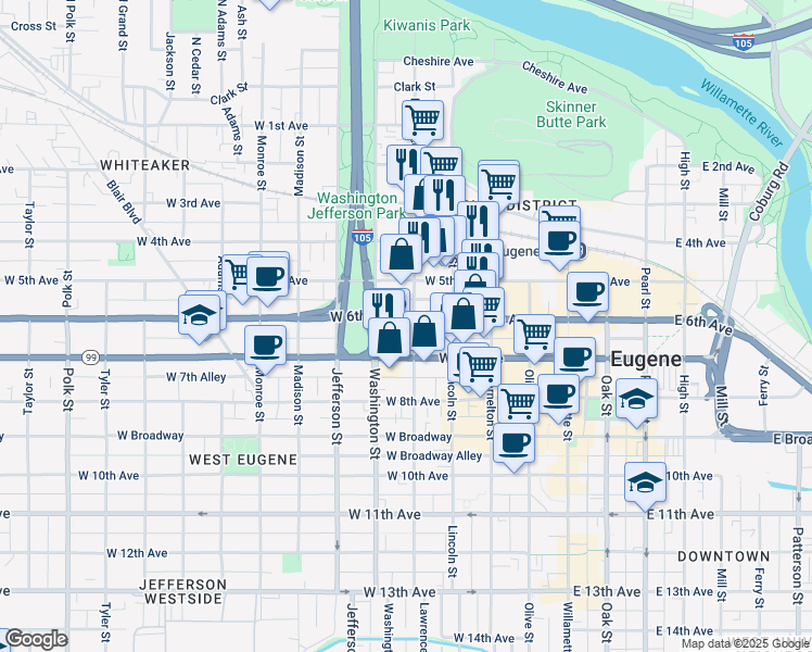 map of restaurants, bars, coffee shops, grocery stores, and more near 614 Lawrence Street in Eugene