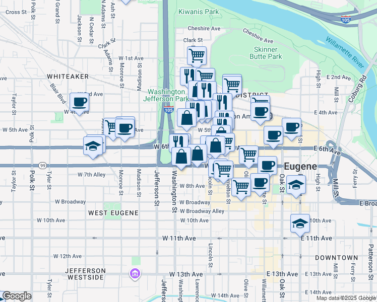 map of restaurants, bars, coffee shops, grocery stores, and more near 614 Lawrence Street in Eugene