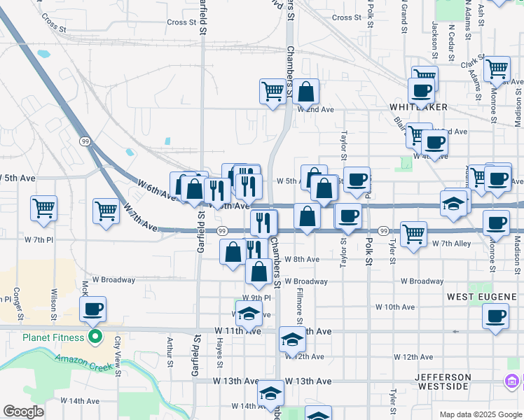 map of restaurants, bars, coffee shops, grocery stores, and more near 1706 West 6th Avenue in Eugene