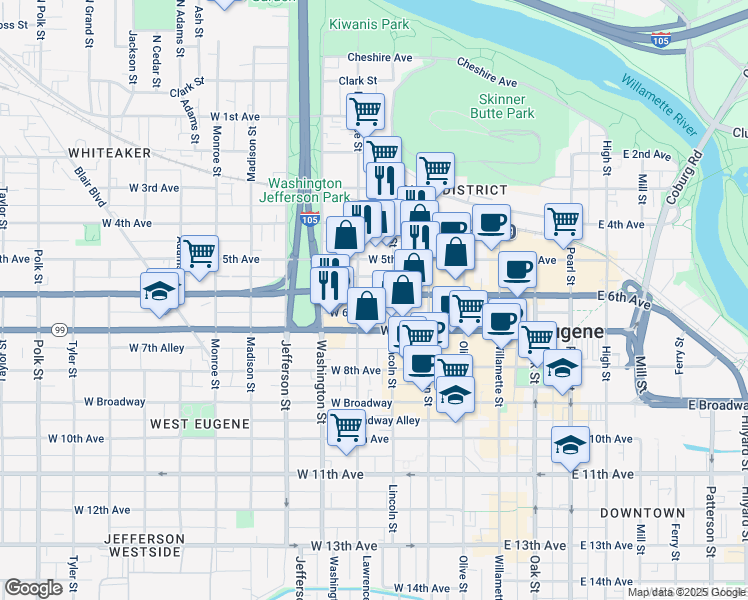 map of restaurants, bars, coffee shops, grocery stores, and more near 345 West 6th Avenue in Eugene