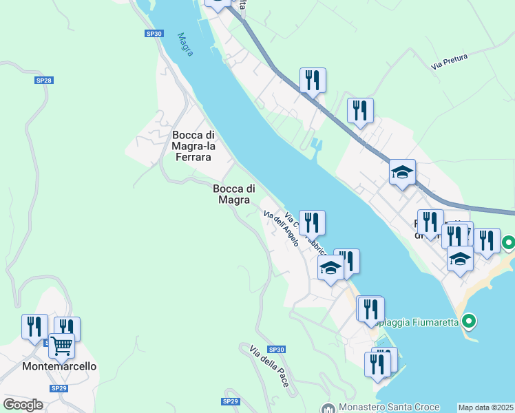map of restaurants, bars, coffee shops, grocery stores, and more near 84 Via C. A. Fabbricotti in Bocca di Magra