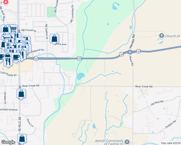 map of restaurants, bars, coffee shops, grocery stores, and more near 21455 U.S. 20 in Bend