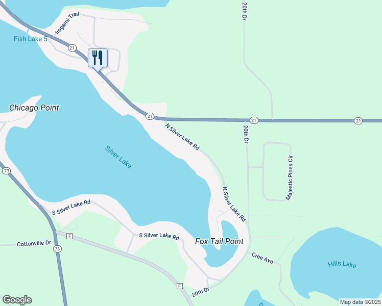 map of restaurants, bars, coffee shops, grocery stores, and more near N2045 North Silver Lake Road in Wautoma
