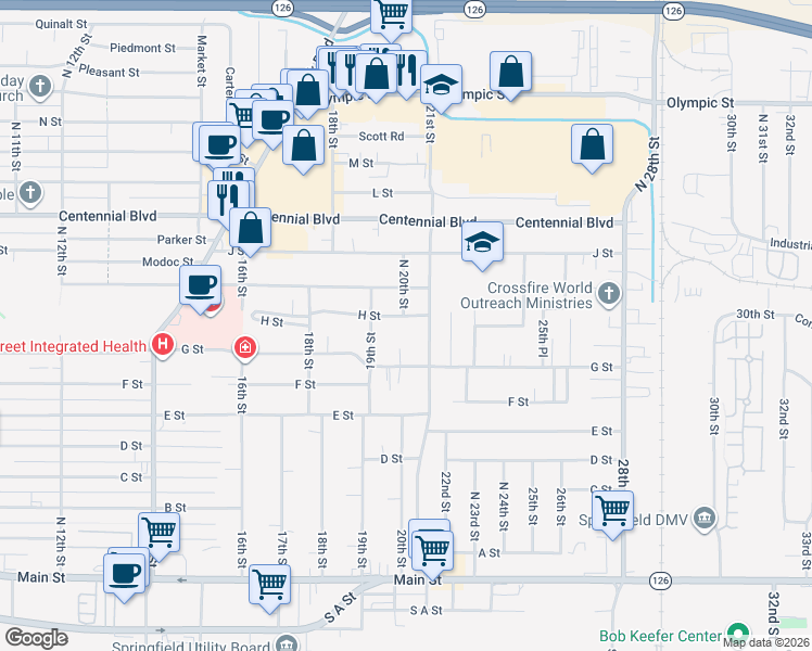 map of restaurants, bars, coffee shops, grocery stores, and more near 940 20th Street in Springfield