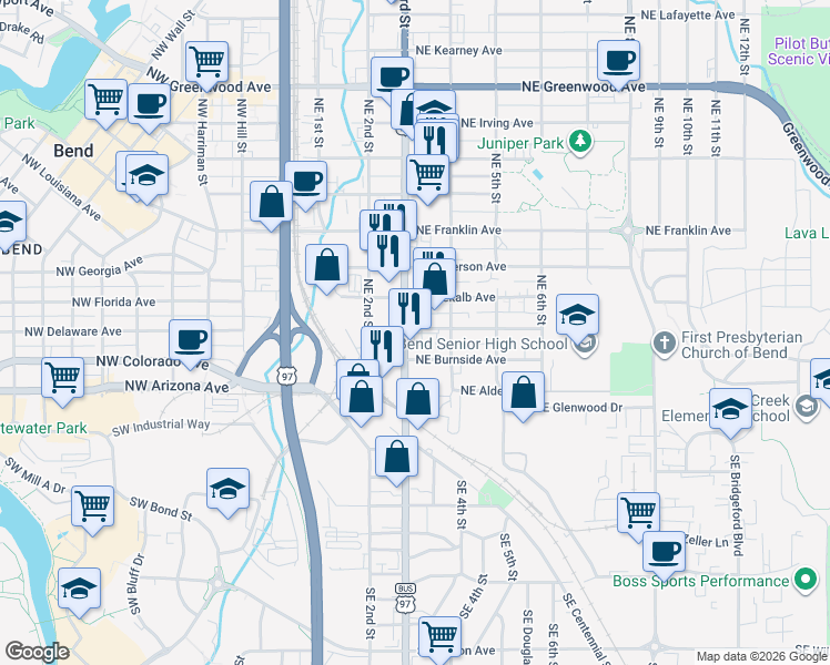 map of restaurants, bars, coffee shops, grocery stores, and more near 304 Northeast 3rd Street in Bend