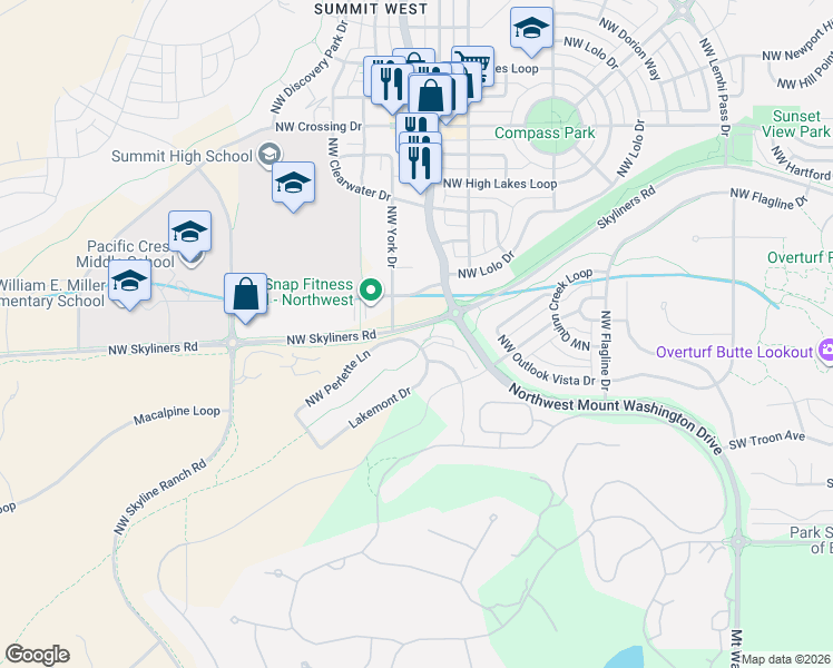 map of restaurants, bars, coffee shops, grocery stores, and more near 2725 Northwest Skyliners Road in Bend