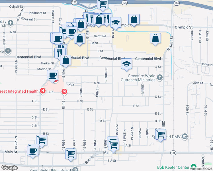 map of restaurants, bars, coffee shops, grocery stores, and more near 940 20th Street in Springfield
