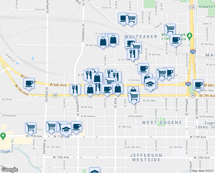 map of restaurants, bars, coffee shops, grocery stores, and more near 1369 West 6th Avenue in Eugene