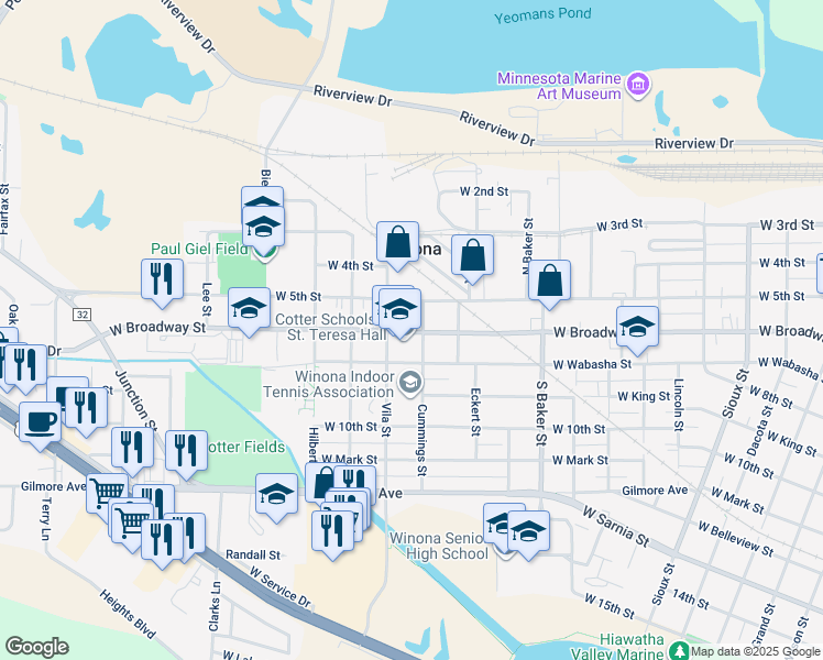 map of restaurants, bars, coffee shops, grocery stores, and more near 1114 West Broadway Street in Winona
