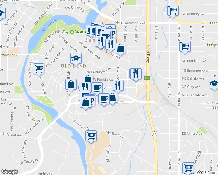 map of restaurants, bars, coffee shops, grocery stores, and more near 200 Northwest Chamberlain Street in Bend