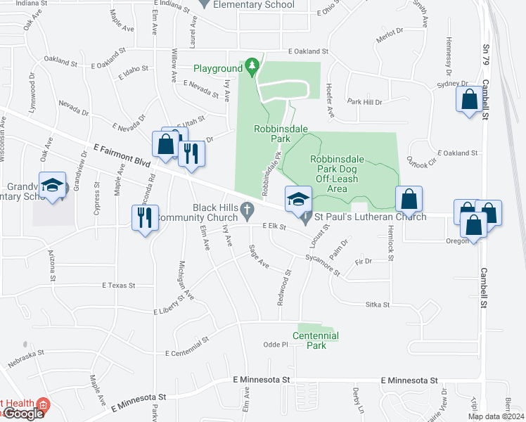 map of restaurants, bars, coffee shops, grocery stores, and more near 625 Fairmont Place in Rapid City