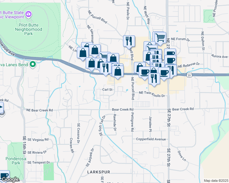map of restaurants, bars, coffee shops, grocery stores, and more near 62051 Dean Swift Road in Bend