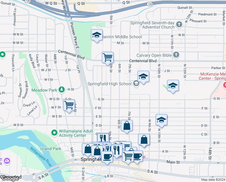map of restaurants, bars, coffee shops, grocery stores, and more near 855 5th Street in Springfield