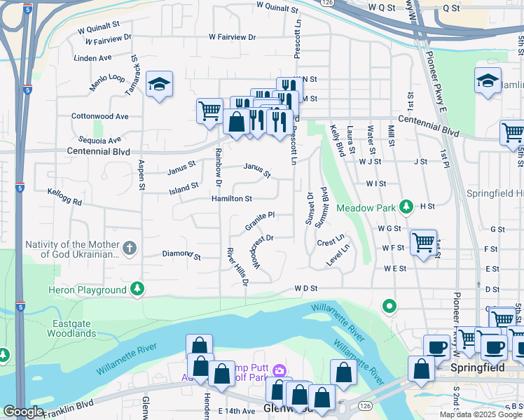 map of restaurants, bars, coffee shops, grocery stores, and more near 697 Hamilton Street in Springfield