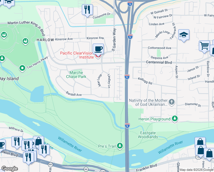 map of restaurants, bars, coffee shops, grocery stores, and more near 485 Lindley Lane in Eugene