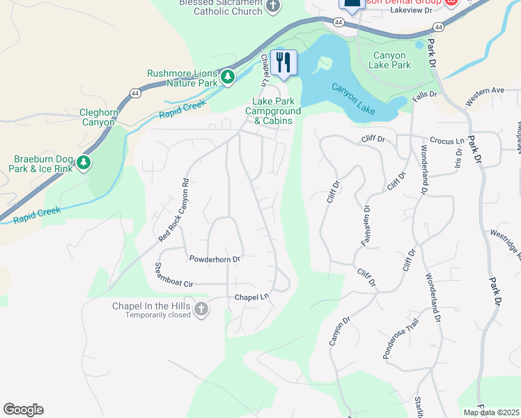 map of restaurants, bars, coffee shops, grocery stores, and more near 3205 Kirkwood Drive in Rapid City
