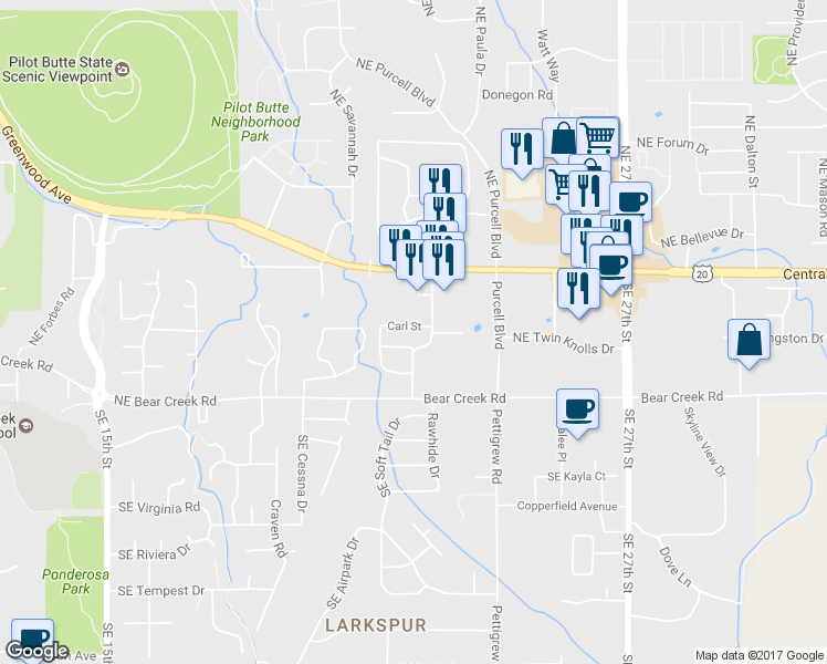 map of restaurants, bars, coffee shops, grocery stores, and more near 21030 Carl Street in Bend