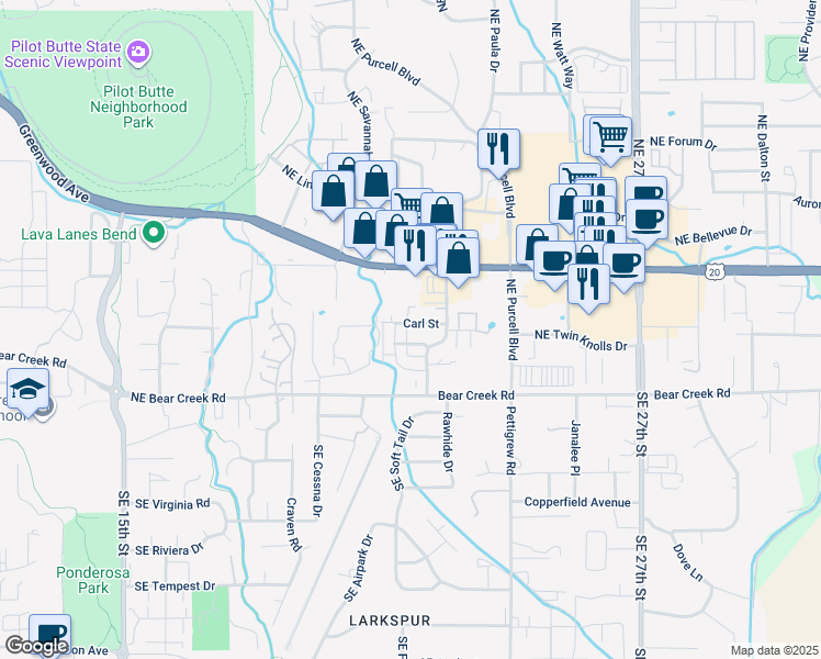 map of restaurants, bars, coffee shops, grocery stores, and more near 21030 Carl Street in Bend