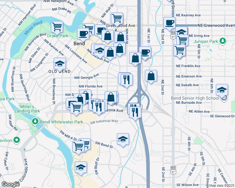 map of restaurants, bars, coffee shops, grocery stores, and more near 134 Northwest Delaware Avenue in Bend