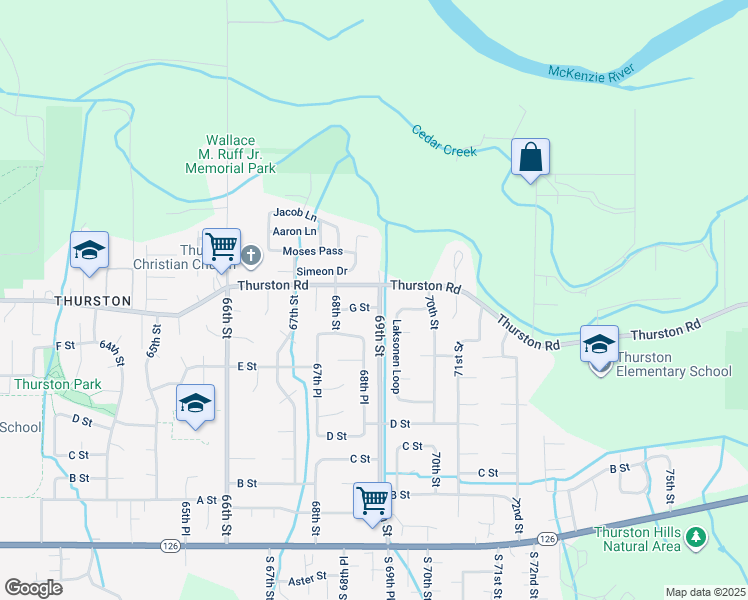 map of restaurants, bars, coffee shops, grocery stores, and more near 6905 Thurston Road in Springfield