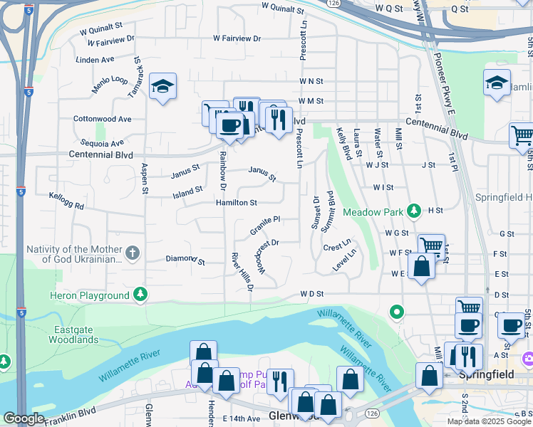 map of restaurants, bars, coffee shops, grocery stores, and more near 697 Hamilton Street in Springfield
