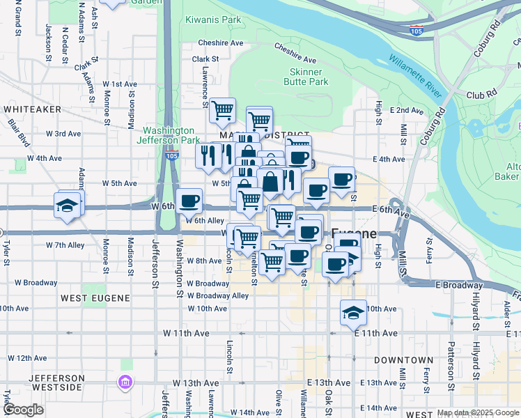 map of restaurants, bars, coffee shops, grocery stores, and more near 211 West 6th Avenue in Eugene