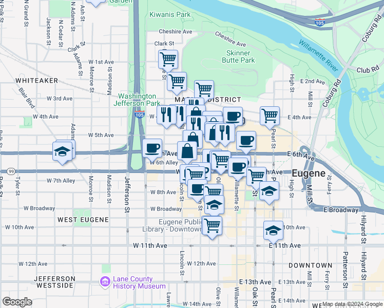 map of restaurants, bars, coffee shops, grocery stores, and more near 211 West 6th Avenue in Eugene