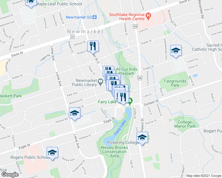 map of restaurants, bars, coffee shops, grocery stores, and more near in Newmarket