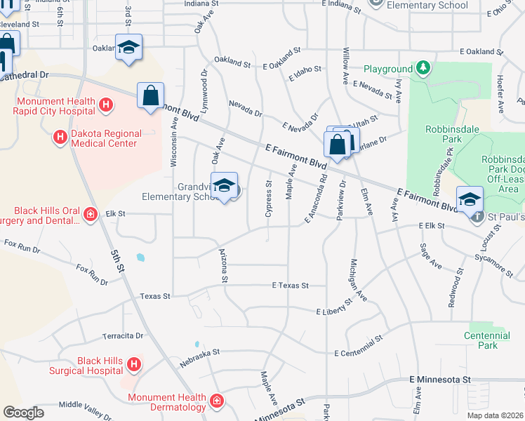 map of restaurants, bars, coffee shops, grocery stores, and more near 3320 Cypress Street in Rapid City