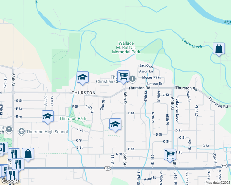 map of restaurants, bars, coffee shops, grocery stores, and more near 6554 Thurston Road in Springfield