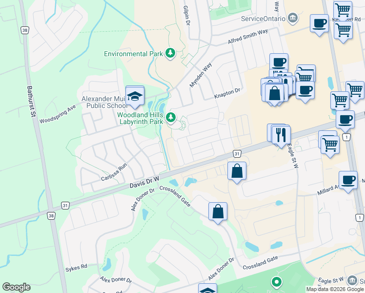 map of restaurants, bars, coffee shops, grocery stores, and more near 109 Vantage Loop in Newmarket