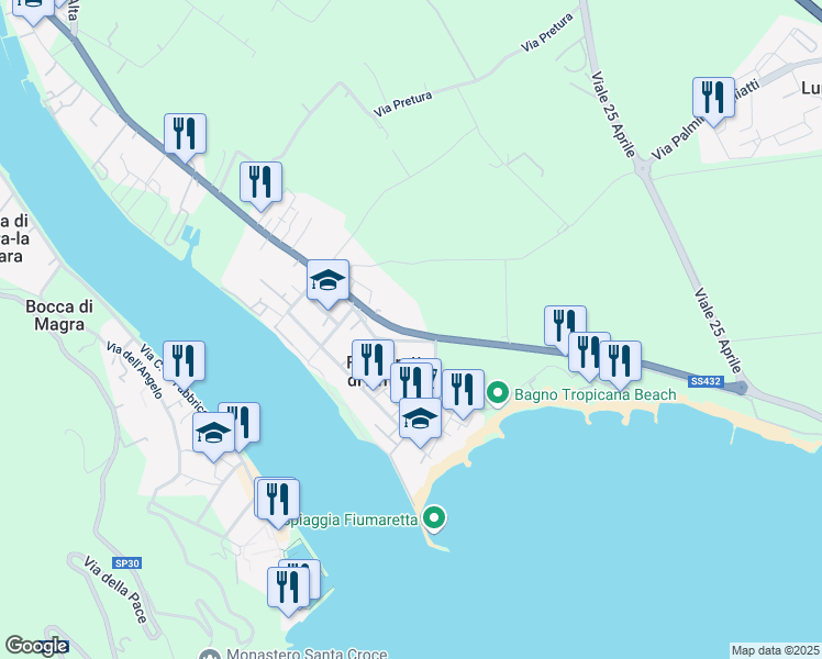 map of restaurants, bars, coffee shops, grocery stores, and more near 89 Via Litoranea in Fiumaretta di Ameglia