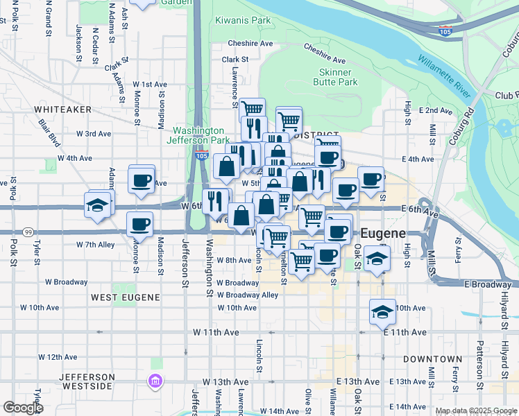 map of restaurants, bars, coffee shops, grocery stores, and more near 345 West 6th Avenue in Eugene