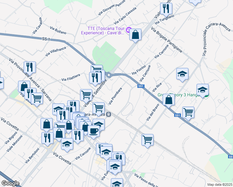 map of restaurants, bars, coffee shops, grocery stores, and more near 41 Via Piombara in Carrara