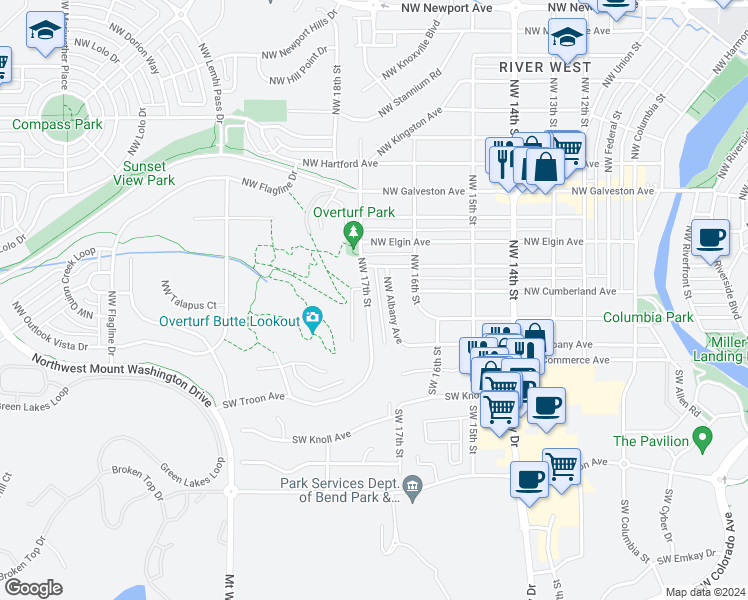 map of restaurants, bars, coffee shops, grocery stores, and more near 280 Northwest 17th Street in Bend