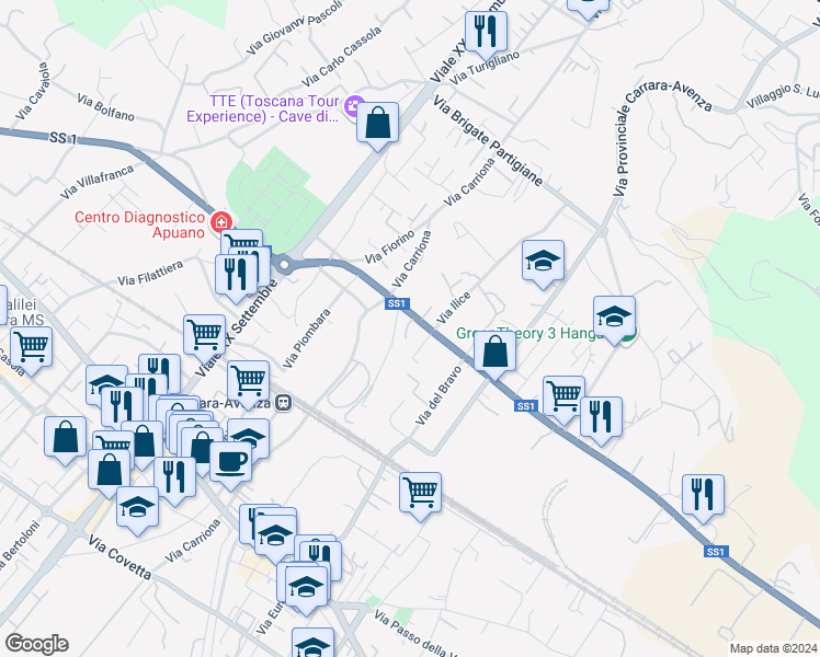 map of restaurants, bars, coffee shops, grocery stores, and more near 11 Strada Statale 1 in Carrara
