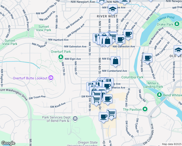 map of restaurants, bars, coffee shops, grocery stores, and more near 1459 Northwest Cumberland Avenue in Bend