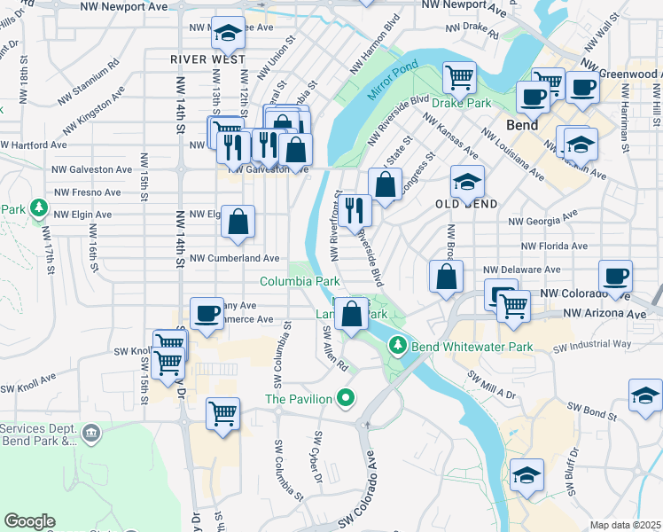 map of restaurants, bars, coffee shops, grocery stores, and more near 237 Northwest Riverfront Street in Bend