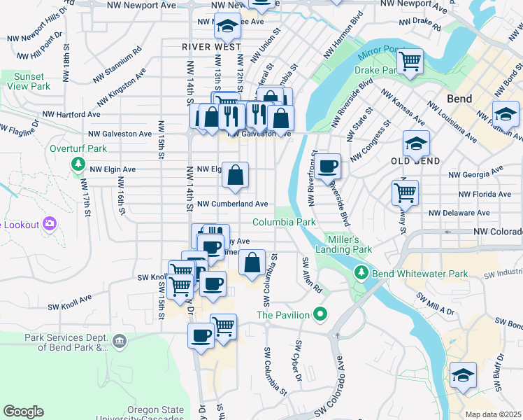 map of restaurants, bars, coffee shops, grocery stores, and more near 1043 Northwest Cumberland Avenue in Bend