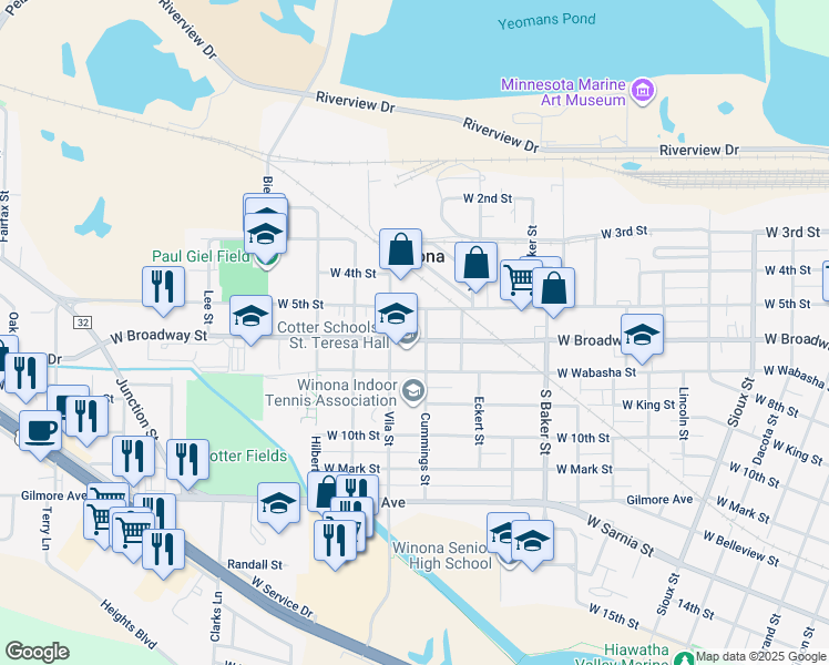 map of restaurants, bars, coffee shops, grocery stores, and more near 1114 West Broadway Street in Winona