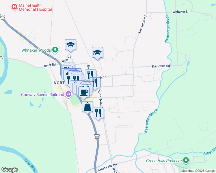 map of restaurants, bars, coffee shops, grocery stores, and more near 132 Kearsarge Road in North Conway