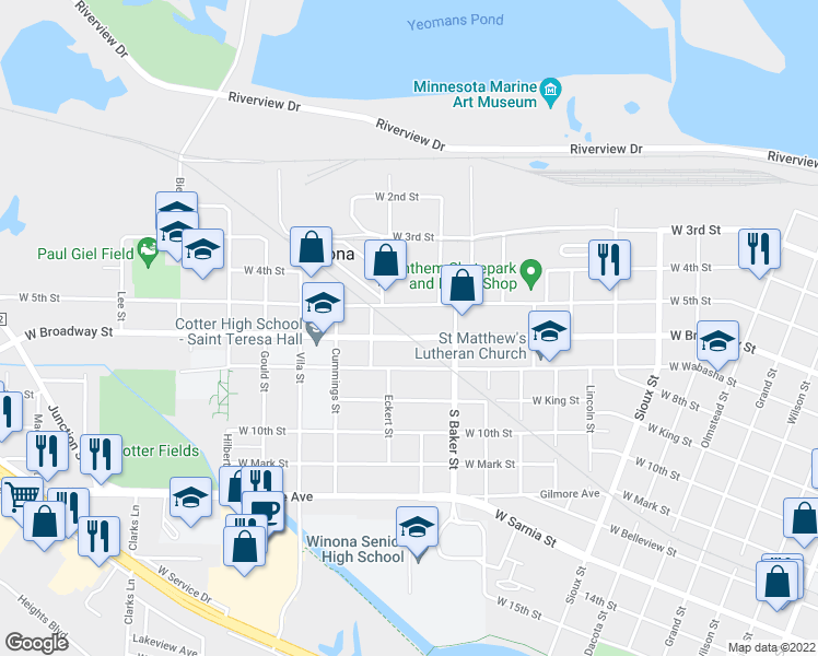 map of restaurants, bars, coffee shops, grocery stores, and more near 978 West Broadway Street in Winona