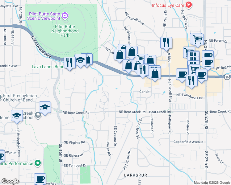 map of restaurants, bars, coffee shops, grocery stores, and more near 83 Northeast Cessna Drive in Bend